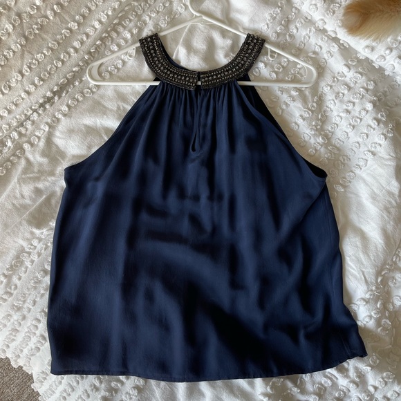 Joie | Embellished Silk Navy Drapey Tank with Beaded, Halter High Neckline โจ - Picture 3 of 9